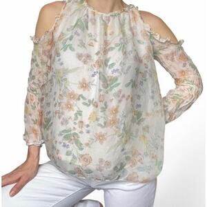 Women’s Giusy floral open shoulder blouse Made in Italy size S 100% silk shell